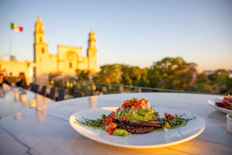 A plate of pulpo and guacamole at Restaurant Picheta on a table with a cathedral and the mexican flag in back